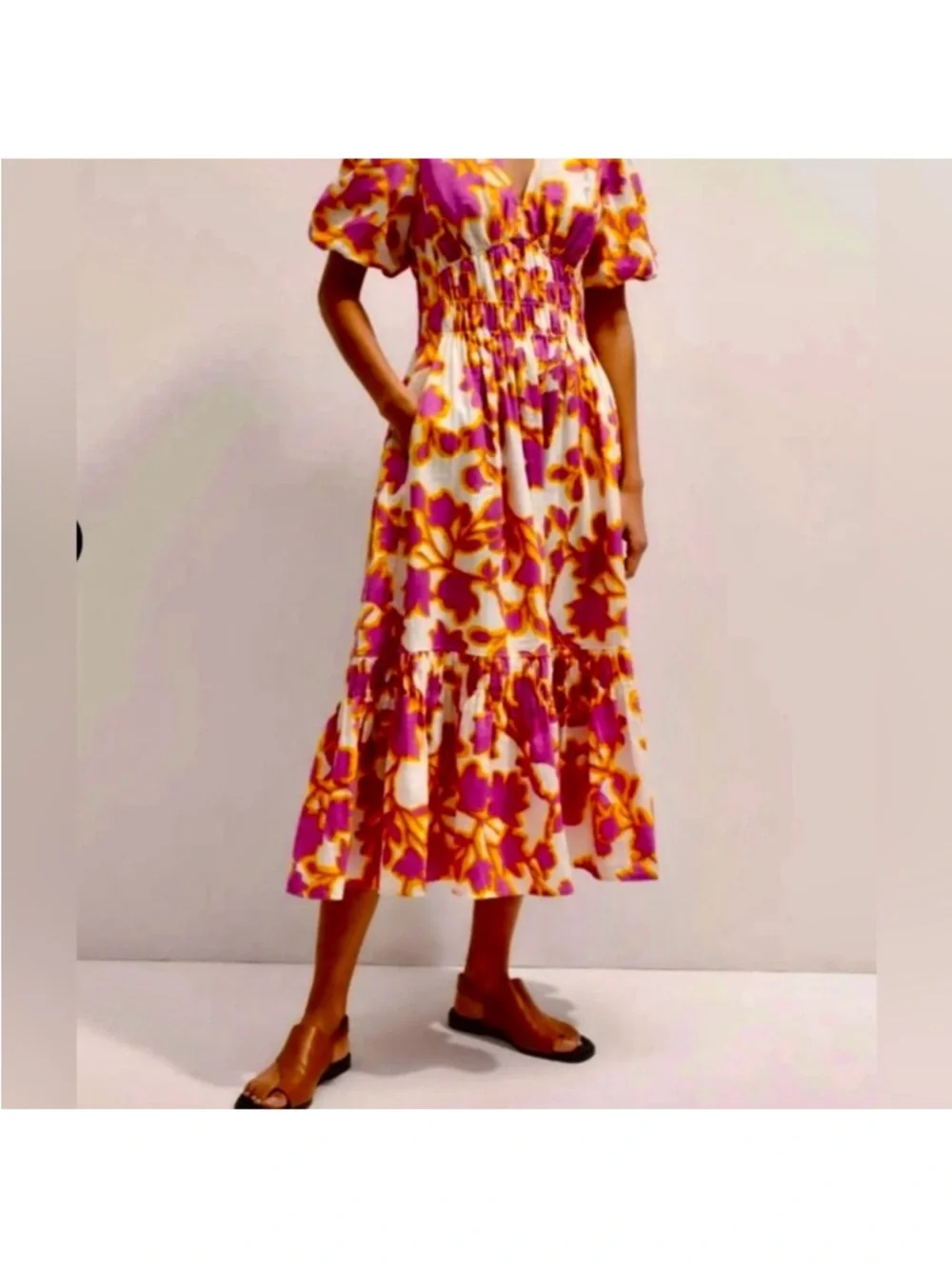 ME+EM Pink and Yellow Floral Smocked Midi Dress - Picture 4 of 13